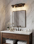 22" Brown Wood Metal And Glass Three Light Bath Bar Vanity Light