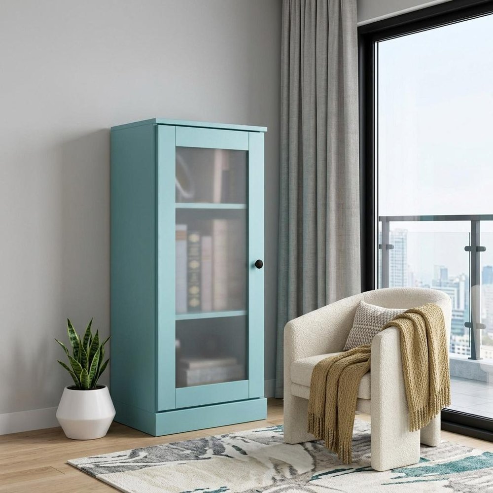 36" Aqua Solid Wood Adjustable Three Tier Library Bookcase with One Door