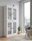 72" White Solid Wood Adjustable Six Tier Library Bookcase with Four Doors