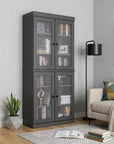 72" Gray Solid Wood Adjustable Six Tier Library Bookcase with Four Doors