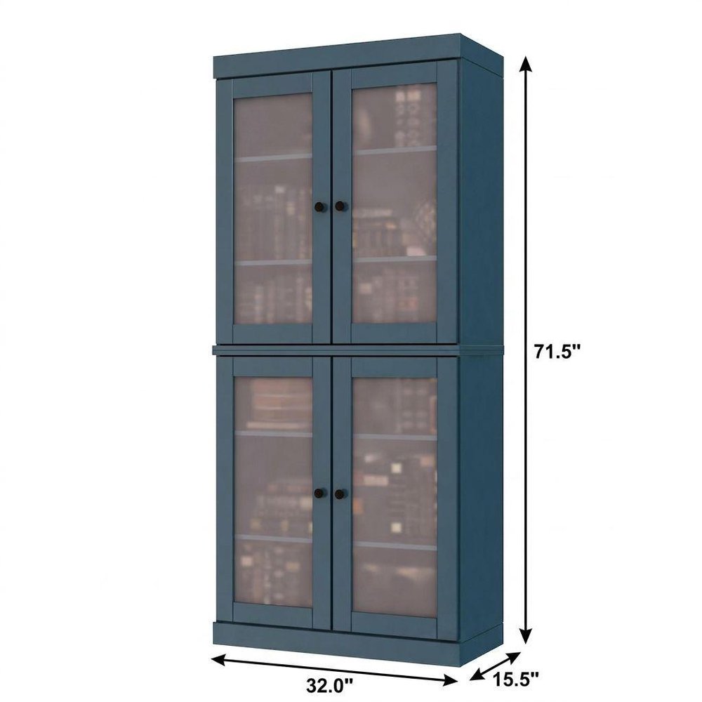 72" Teal Blue Solid Wood Adjustable Six Tier Library Bookcase with Four Doors