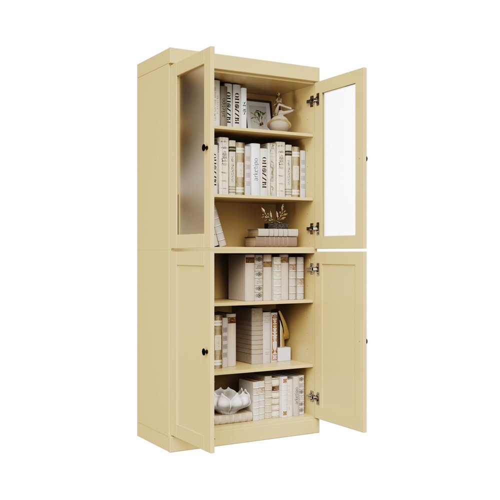 72" Yellow Solid Wood Adjustable Six Tier Library Bookcase with Four Doors