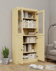 72" Yellow Solid Wood Adjustable Six Tier Library Bookcase with Four Doors