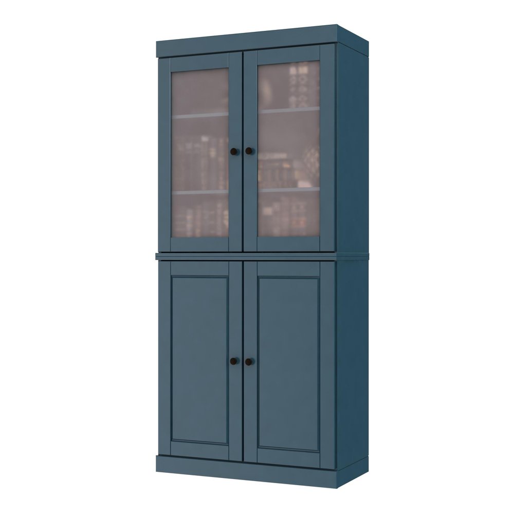 72" Teal Blue Solid Wood Adjustable Six Tier Library Bookcase with Four Doors
