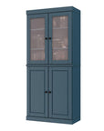 72" Teal Blue Solid Wood Adjustable Six Tier Library Bookcase with Four Doors
