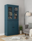 72" Teal Blue Solid Wood Adjustable Six Tier Library Bookcase with Four Doors