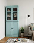 72" Aqua Solid Wood Adjustable Six Tier Library Bookcase with Four Doors
