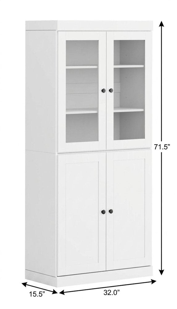 72" White Solid Wood Adjustable Six Tier Library Bookcase with Four Doors