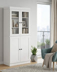 72" White Solid Wood Adjustable Six Tier Library Bookcase with Four Doors