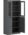 72" Gray Solid Wood Adjustable Six Tier Library Bookcase with Four Doors