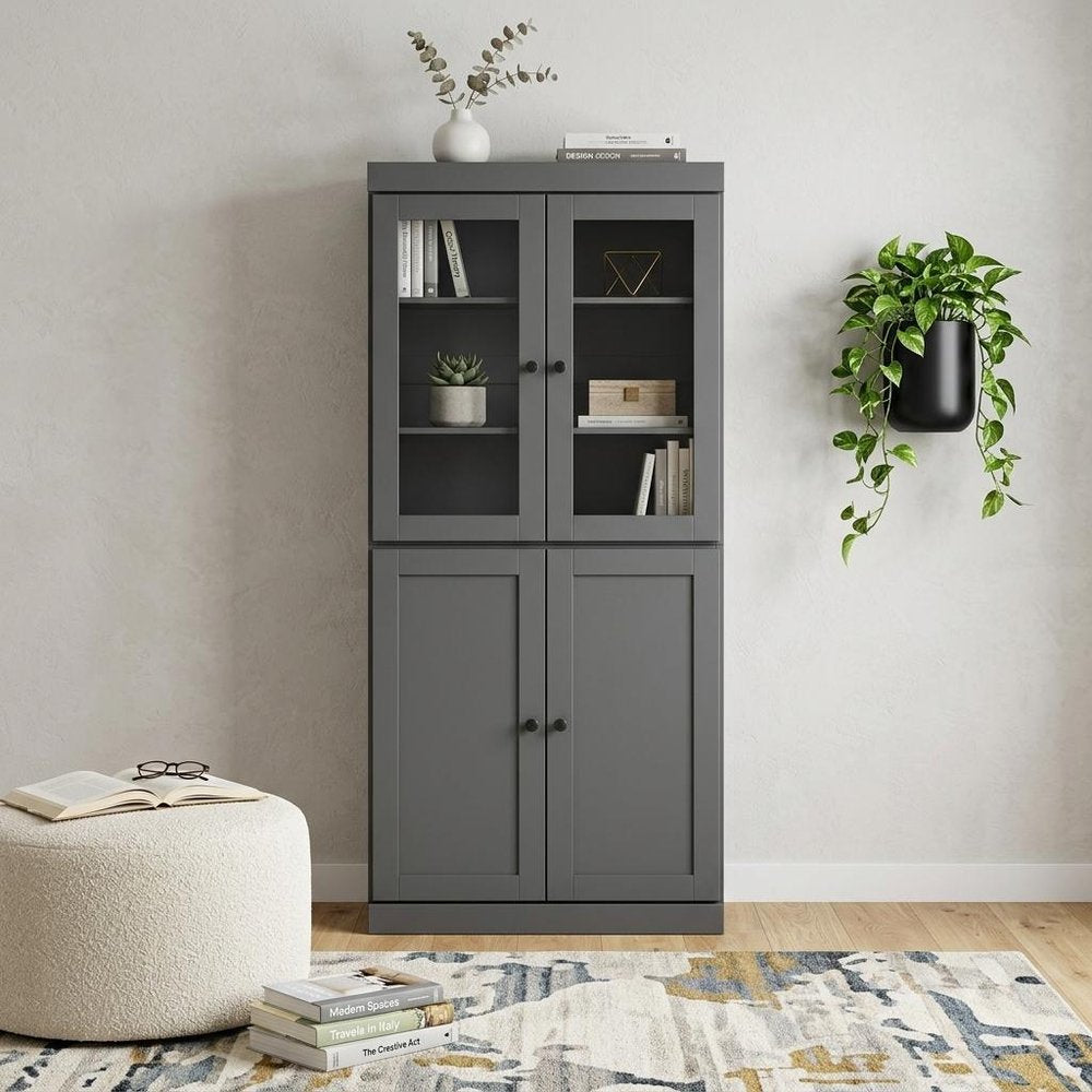 72" Gray Solid Wood Adjustable Six Tier Library Bookcase with Four Doors