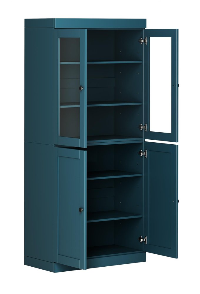 72" Teal Blue Solid Wood Adjustable Six Tier Library Bookcase with Four Doors