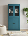 72" Teal Blue Solid Wood Adjustable Six Tier Library Bookcase with Four Doors