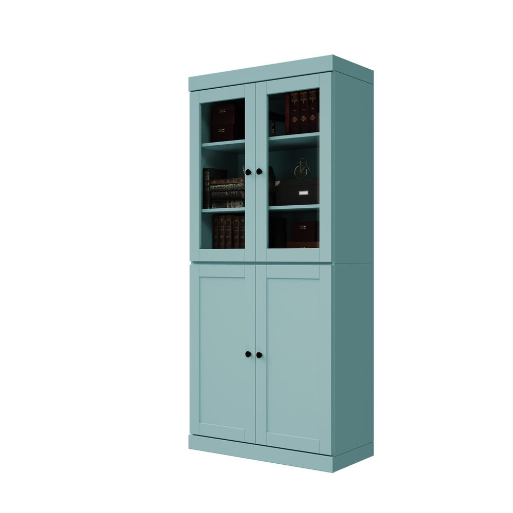 72" Aqua Solid Wood Adjustable Six Tier Library Bookcase with Four Doors