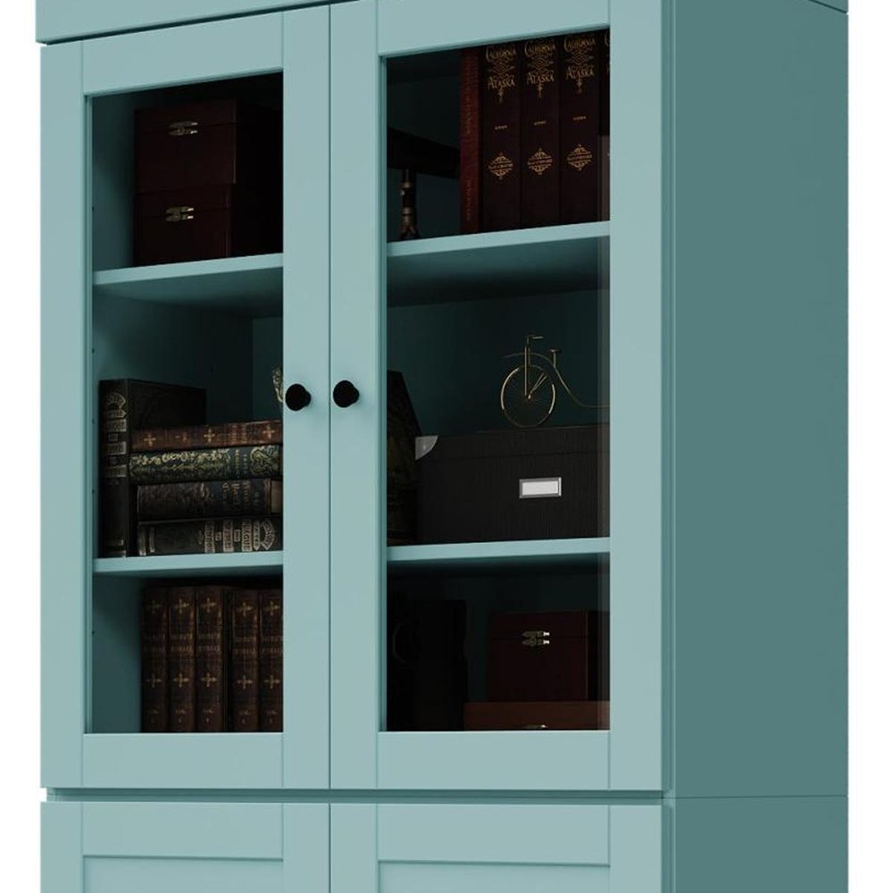 72" Aqua Solid Wood Adjustable Six Tier Library Bookcase with Four Doors