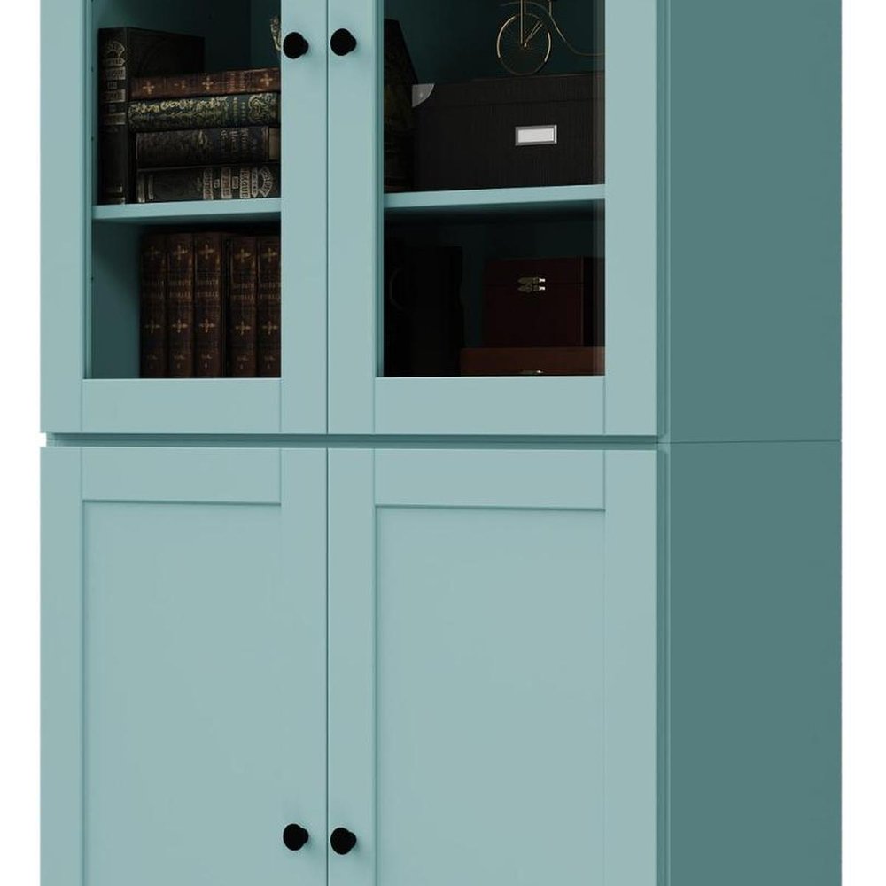 72" Aqua Solid Wood Adjustable Six Tier Library Bookcase with Four Doors