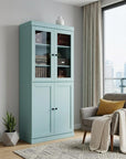 72" Aqua Solid Wood Adjustable Six Tier Library Bookcase with Four Doors