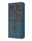 72" Teal Blue Solid Wood Adjustable Six Tier Library Bookcase with Four Doors