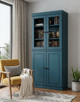 72" Teal Blue Solid Wood Adjustable Six Tier Library Bookcase with Four Doors