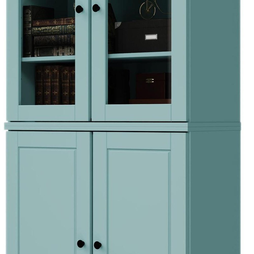 72" Aqua Solid Wood Adjustable Six Tier Library Bookcase with Four Doors