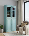 72" Aqua Solid Wood Adjustable Six Tier Library Bookcase with Four Doors