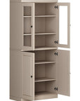 72" Beige Solid Wood Adjustable Six Tier Library Bookcase with Four Doors