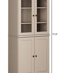 72" Beige Solid Wood Adjustable Six Tier Library Bookcase with Four Doors