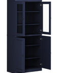 72" Navy Blue Solid Wood Adjustable Six Tier Library Bookcase with Four Doors