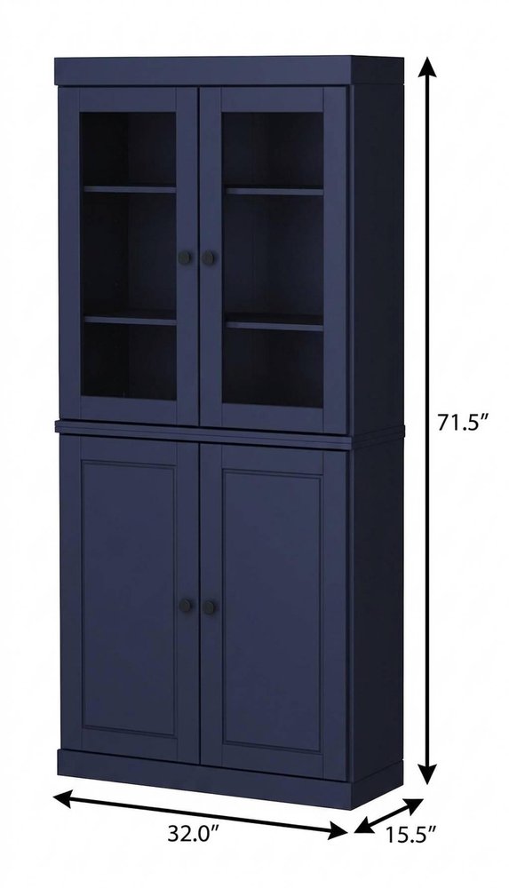 72" Navy Blue Solid Wood Adjustable Six Tier Library Bookcase with Four Doors
