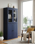 72" Navy Blue Solid Wood Adjustable Six Tier Library Bookcase with Four Doors