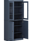 72" French Blue Solid Wood Adjustable Six Tier Library Bookcase with Four Doors