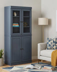 72" French Blue Solid Wood Adjustable Six Tier Library Bookcase with Four Doors