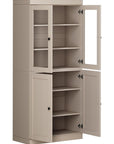 72" Beige Solid Wood Adjustable Six Tier Library Bookcase with Four Doors