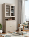 72" Beige Solid Wood Adjustable Six Tier Library Bookcase with Four Doors
