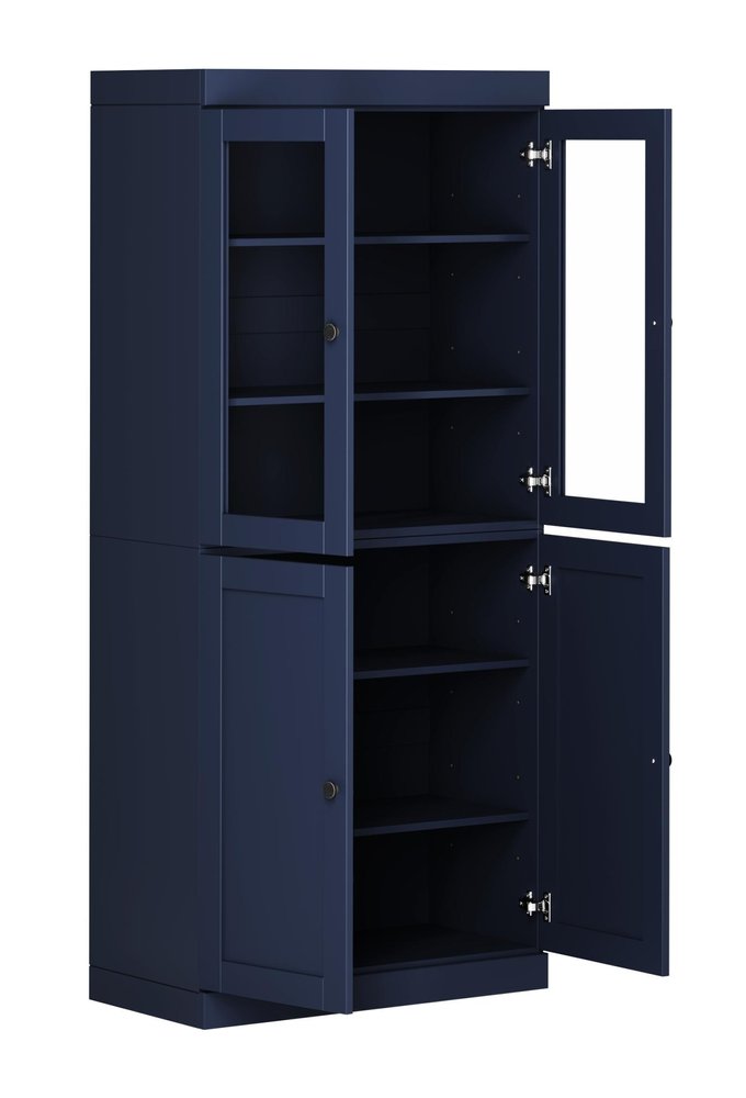 72" Navy Blue Solid Wood Adjustable Six Tier Library Bookcase with Four Doors