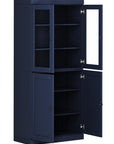 72" Navy Blue Solid Wood Adjustable Six Tier Library Bookcase with Four Doors