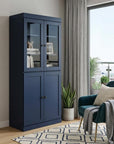 72" Navy Blue Solid Wood Adjustable Six Tier Library Bookcase with Four Doors