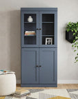 72" French Blue Solid Wood Adjustable Six Tier Library Bookcase with Four Doors