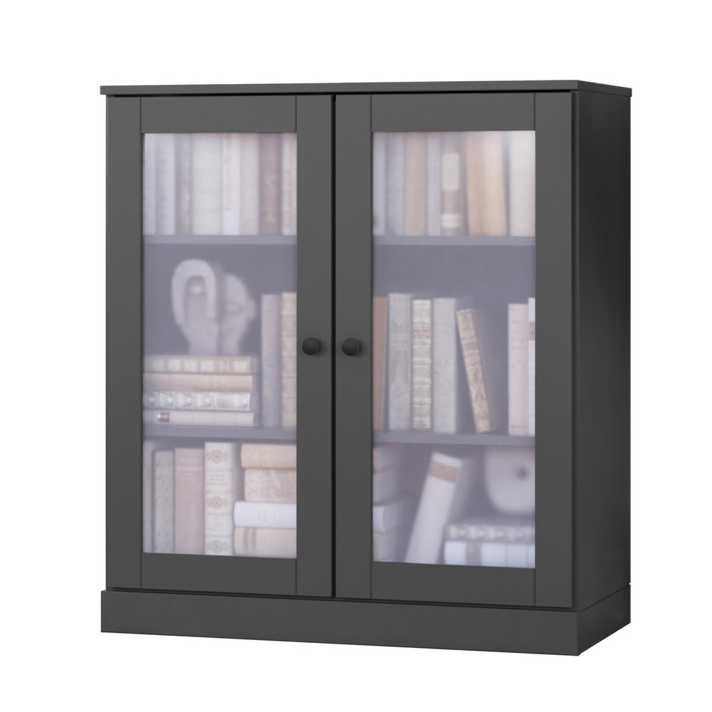 36" Gray Solid Wood Adjustable Three Tier Library Bookcase with Two Doors