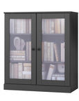 36" Gray Solid Wood Adjustable Three Tier Library Bookcase with Two Doors