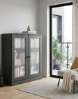 36" Gray Solid Wood Adjustable Three Tier Library Bookcase with Two Doors