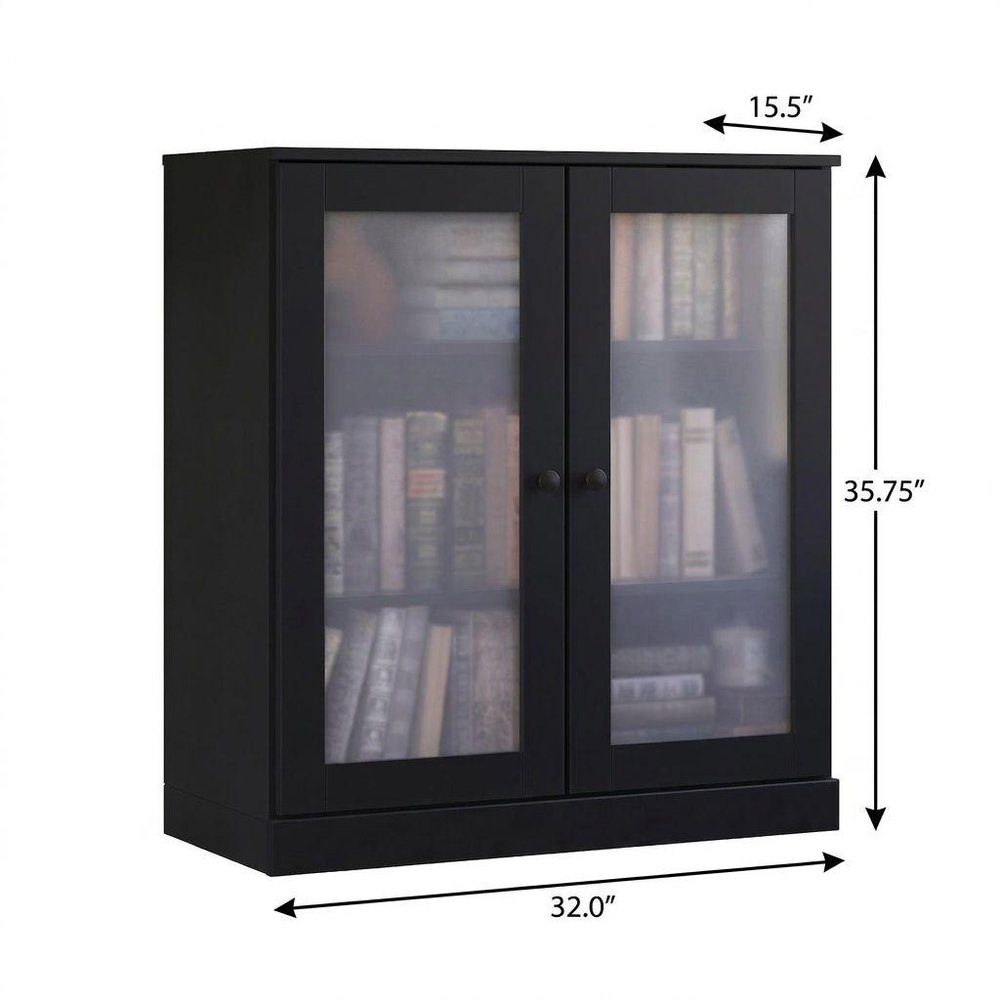 36" Black Solid Wood Adjustable Three Tier Library Bookcase with Two Doors