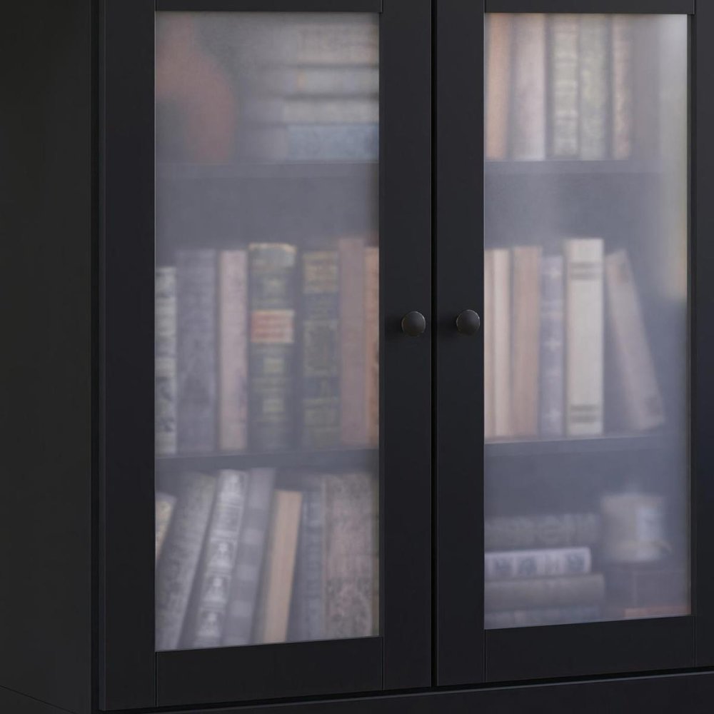 36" Black Solid Wood Adjustable Three Tier Library Bookcase with Two Doors