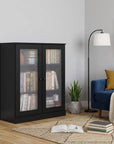 36" Black Solid Wood Adjustable Three Tier Library Bookcase with Two Doors