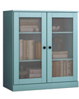 36" Aqua Solid Wood Adjustable Three Tier Library Bookcase with Two Doors