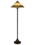 62" Bronze Metal Two Light Floor Lamp With Bone Green And Orange Abstract Tiffany Glass Empire Shade