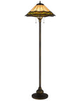 62" Bronze Metal Two Light Floor Lamp With Bone Green And Orange Abstract Tiffany Glass Empire Shade