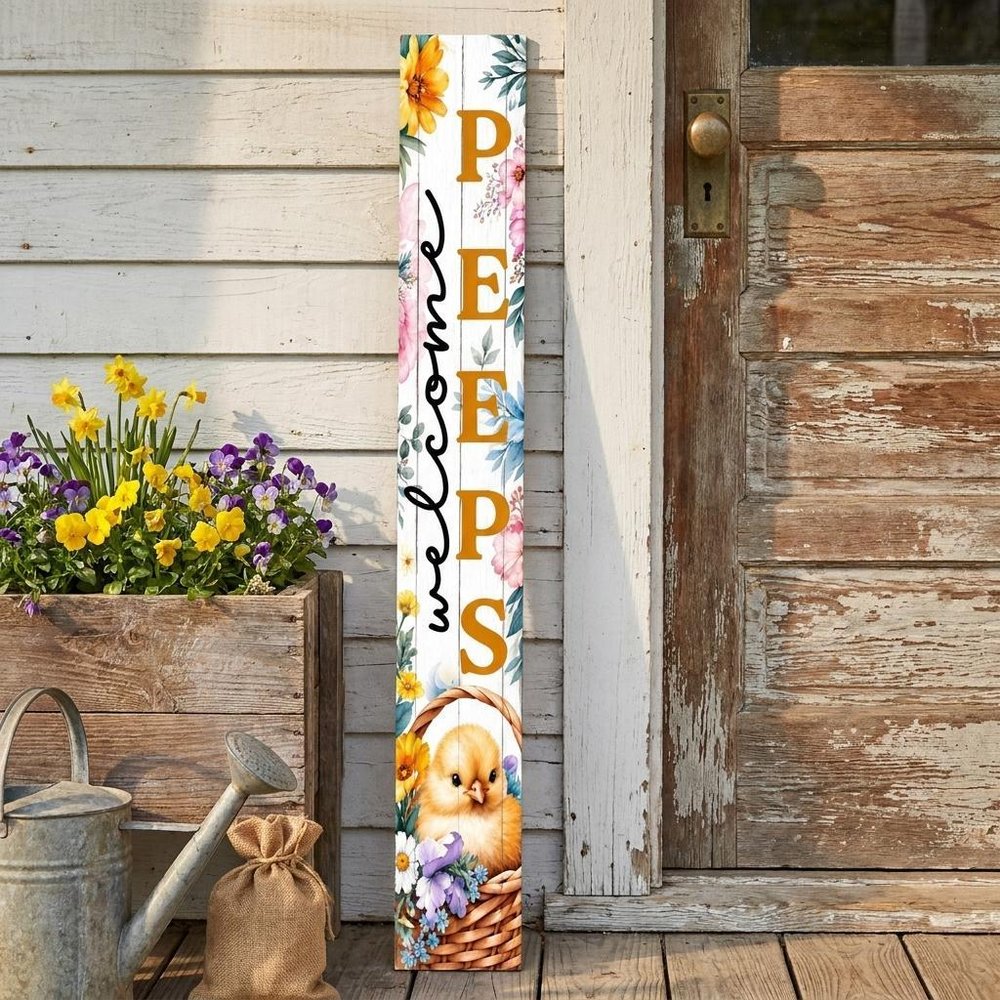 46" Orange Black And White Solid Wood Welcome Peeps Easter Porch Sign