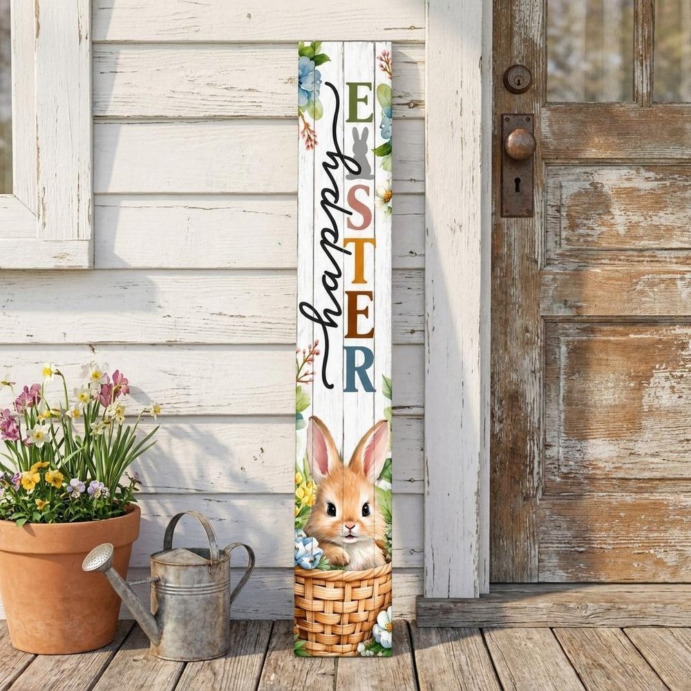 46" Green Black And White Solid Wood Happy Easter Porch Sign