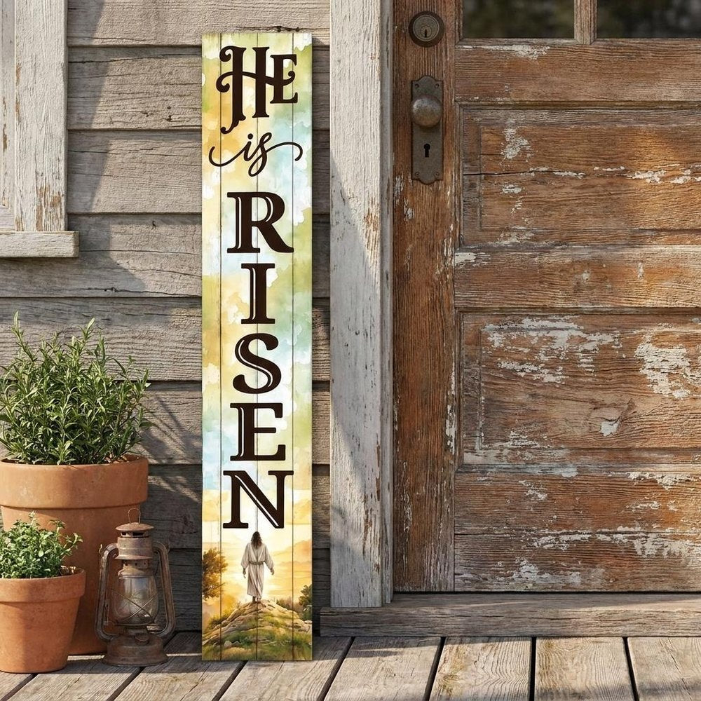 46" Dark Brown Yellow And Orange Solid Wood He is Risen Easter Porch Sign